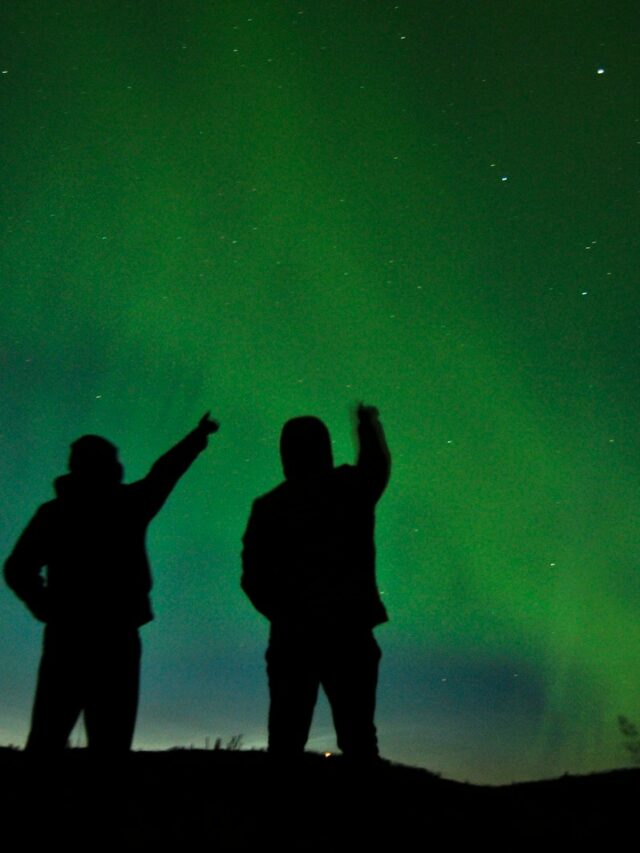 silhouette photo of two person looking up the sky